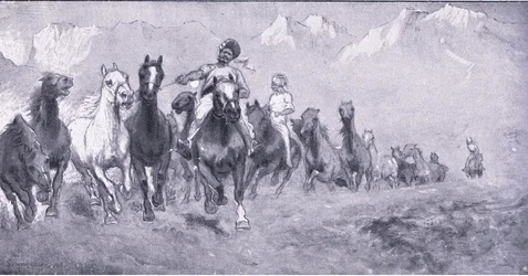 Intialaiset kolistit viemässä ratsuja Stellens boschiin, teoksesta After Pretoria: The Guerilla War, jonka on julkaissut Harmsworth Bros Limited, 1901.