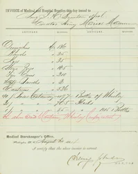 Lasku lääke- ja sairaalakaupoista, allekirjoitettu Henry Johnson, 30. elokuuta 1864