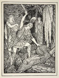 Kuinka kultavillasta vartioinut käärme tapettiin, Andrew Langin kirjasta Tales of the Greek Seas, 1926 (muste paperille)