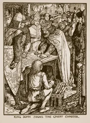 Kuningas Johannes laulaa suurta peruskirjaa, kuvitus C.R.L. Fletcherin ja Rudyard Kiplingin kirjoittamasta Englannin historiasta (A History of England), 1911.