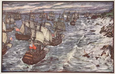Quiberon Bay, 1759, kuvitus Englannin historiasta, C.R.L. Fletcher ja Rudyard Kipling, 1911
