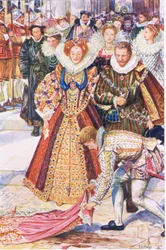 Walter Raleigh uhraa viittansa kuningatar Elisabetin puolesta, kuvitus Kenilworthista, n. 1910