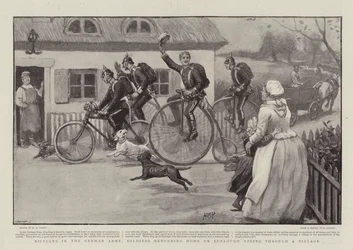 Polkupyörät Saksan armeijassa, sotilaat palaavat kotiin lomamatkalla kylän läpi