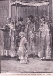Richard I:n kruunaus Westminster Abbeyssa: kulkue käytävää pitkin 1189 jKr.