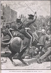 Peterloon verilöyly, jossa husaarit syyttivät ihmisiä, kuvitus Cassellin Englannin kuvitetusta historiasta, julkaistu n. 1910