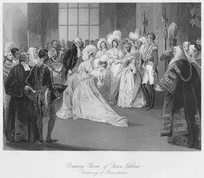 Kuningatar Victorian salonki. Esittelyseremonia, n. 1841