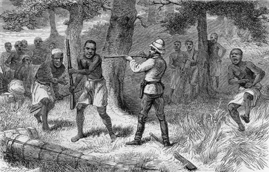 Alkuasukkaat kapinoivat Gombe-joen rannoilla Tansaniassa, kaiverrus kirjasta How I found Livingstone: matkat, seikkailut ja löydöt Keski-Afrikassa, kirjoittanut Henry Morton Stanley (1841-1904), Sampson Low, Marston, Low ja Searle, Lontoo