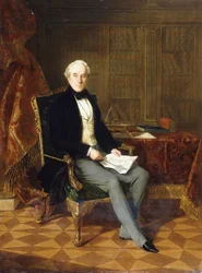 Muotokuva Henry Pelham-Clintonista, K.G., Newcastlen 4. herttua, pitelee dokumenttia käsissään tutkimuksessaan, 1850