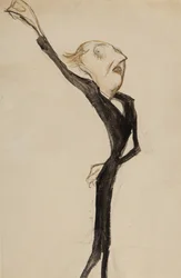 Teatterihahmo, mahdollisesti Sir Beerbohm Tree, noin 1908 (sivellin, wc ja muste paperille).