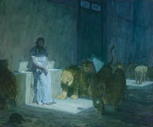 Daniel leijonien luolassa, 1907-18 (öljy paperille ja kankaalle kiinnitettynä).