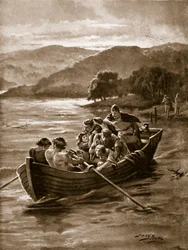 Elfwaldin pojat hukkuivat Windermereen, kuvitus teoksesta "Hutchinsonin tarina brittiläisestä kansasta", n. 1920