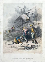 Kuoppamiehet pelaamassa kveikkiä, noin 1837 (käsin värjätty litografia paperille).