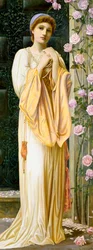 "A Fair Maid" Nuori nainen pukeutunut antiikkityyliin, helmikaulakoru. Henry Rylandin (1856-1924) maalaus (esirafaeliitti) 1901 Yksityiskokoelma.