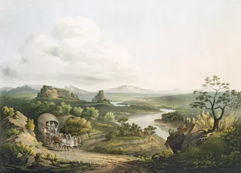 Näkymä Rooden hiekkasolan läheltä Hyväntoivon niemellä, kaiverrus J. Bluck (fl.1791-1831) 1809 (akvatinta)