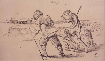 Golfarit Practice on the Beachille, kuvitus Graphic-lehdestä, pubi. noin 1870 (litho)