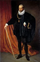 Muotokuva Blaise de Montesquioun (1501-1577), Ranskan Montluc marechalin herrasta vuonna 1575, Guyennen kenraaliluutnantista, jalassa Pyhän Mikaelin ritarikunnan kaulakoru Henry Schefferin (1798-1862) maalaus 1800-luvun su. 2,18 x 1,42 m