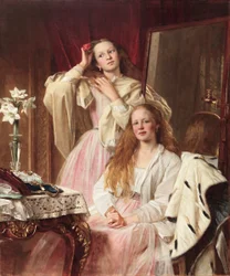 Muotokuva Emma ja Frederica Bankesista Soughton Hallista pukeutumispöydän ääressä, 1869.