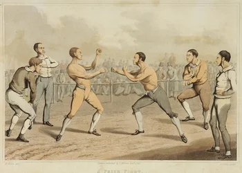 A Prize Fight, kaiverrettu J. Clark, julkaistu vuonna 1820 (akvatinta)