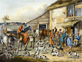 The Refreshment, teoksesta "Foxhunting", kaiverrus Thomas Sutherland (1785-1838) (väri litho)