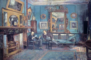 Dante Gabriel Rossetti lukee Henry Treffry Dunnin (1838-1899) runoa Theodore Watts-Duntonille olohuoneessa