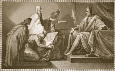 William the I:lle esitelty Tuomiopäiväkirja, J. Fittlerin kaivertama, kuvitus David Humen Englannin historiasta, pub. R. Bowyer, Lontoo, 1812