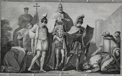 Henry ja Lewis johtamassa paavia Torcin linnaan, kaivertanut Saunders, kuvitus David Humen "Englannin historiasta", pub. R. Bowyer, Lontoo, 1812
