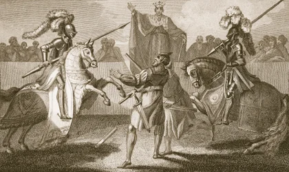 Rikhard II keskeyttää kaksintaistelun Herefordin ja Norfolkin välillä, kuvitus David Humen teoksesta "The History of England", julkaisija R. Bowyer, Lontoo, 1812