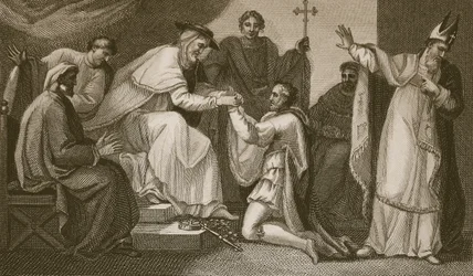 Johnin lähetys, kaiverrus Delatre, kuvitus David Humen teoksesta "The History of England", pub. R. Bowyer, Lontoo, 1812