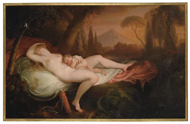 Venus ja Cupid metsäisessä maisemassa