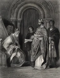 Henrik II esittelemässä paavin bullan Cashelin arkkipiispalle, kaivertanut G. Greatbach