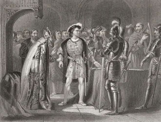 Lord Thomas Fitzgerald luopui uskollisuudestaan Henry VIII:lle vuonna 1534 Thomas Wrightin "Irlannin historiasta", julkaistu noin 1854