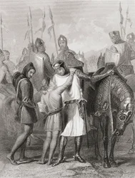 Richard, Earl of Pembroke, jättämässä lomaa veljelleen ennen lähtöään Irlantiin vuonna 1169, Thomas Wrightin "The History of Ireland", julkaistu noin 1854