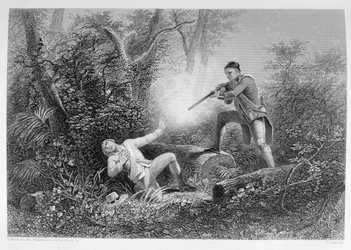 Wyomingin veljesmurha, 1778, teoksesta "Yhdysvaltojen historia", osa I, Charles Mackay, kaivertanut James Charles Armytage (n. 1820-97)