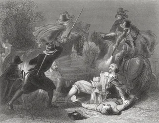 Robert Emmetin kapinalliset murhaavat lordi Kilwardenin Dublinissa, Irlannissa, 1803, Thomas Wrightin teoksesta "Irlannin historia", julkaistu n. 1854