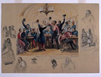 Kohtaus Cafe du Commerce Valettassa, "Mourir pour la patrie", Malta, 1854 (wc ja kynä paperilla)