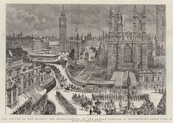 Hänen Majesteettinsa kuningattaren juhlapäivä, kuningattaren vaunun saapuminen Westminster Abbeyyn, 21. kesäkuuta