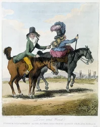 Rakkaus ja tuuli - in "" Caricatures anglaise sur les manners de riding a hevosella", ill. H. W. Bunbury, toim. John Stockdale