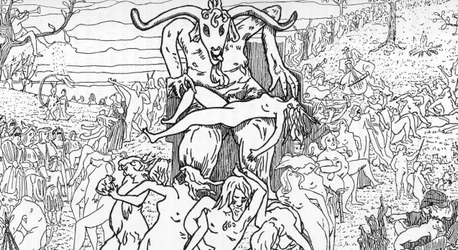 Esitys sapattikohtauksesta, jonka saatanan johtamat noidat kokosivat ja aiheuttavat orgioita (sapattikokous) Henry de Malvostin piirros Jules Boisin "Satanismista ja magiasta" 1895 Yksityinen kokoelma Â