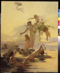 Naiadit (Naiadit). Henryk Sieliradzkin (1843-1902) maalaus öljy kankaalle. Puolalainen taide