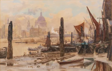 Ankkuroituja Thamesin proomuja; St Pauls ja Blackfriars Bridge kaukana.