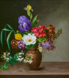 Kreikkalaistyylinen maljakko, jossa iiris, lila (öljy metallille)