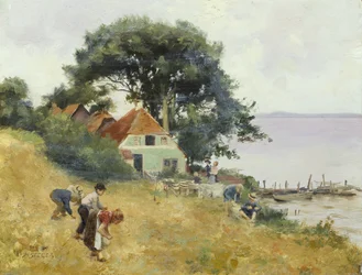Lapset keräämässä järven rannalla, n. 1900-1910 (öljy paneelissa)