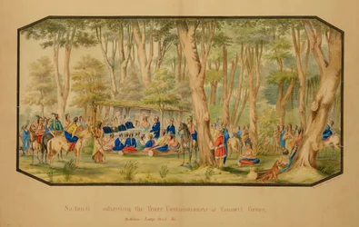 Sa-tan-ti puhuu rauhanvaltuutetuille Council Grovessa, Medicine Lodge Creekissä, 1867.