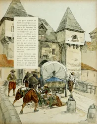 Amienin yllätys. Espanjalaiset valtasivat Amiensin kaupungin tempun avulla 11. maaliskuuta 1597 estämällä äkeen kärryillä. Kuvitus, 1907, Hermann Vogel