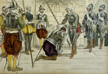 Charles II Cosse Brissacista (Cosse-Brissac) (1562-1621 tai 1626) teki Henri IV:n (1553-1610) marechalin Ranskalle ennen saapumistaan Pariisiin 22. maaliskuuta 1594. Vieressä seisovien kauppiaiden Jean Lhuillierin (?) ennakkoäänestys pitää kaupungin avaime