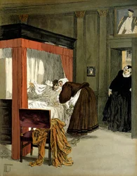 Kaarle IX (1550-1574), Ranskan kuningas, kuolee sairaanhoitajansa kanssa. Hermann Vogelin (1856-1918) kuvitus teoksessa "" Henri IV""