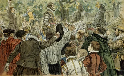 Henri de Guise (1549-1588), katolisen liigan johtaja, pariisilaisten ylistämänä barrikadien päivän (12. toukokuuta 1588) jälkeen. Hermann Vogelin (1856-1918) kuvitus vuodelta 1907. Yksityiskokoelma.