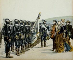 Joan of Albret tai Joan III Albretista (1528-1572) ja hänen poikansa Henrik IV (1553-1610) ennen hänen protestanttisia joukkojaan. Hermann Vogelin (1856-1918) kuvitus teoksessa "" Henri IV""
