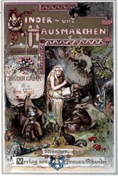 Lasten- ja kotisatuja, 1812: Grimmin veljesten sadut. Hermann Vogelin kansi vuodelta 1894, jossa kuvataan Lumikki.