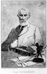 Muotokuva venäläisestä kirjailijasta Ivan Turgenievista (1818 - 1883). Piirustus Hermann Vogel; sd.